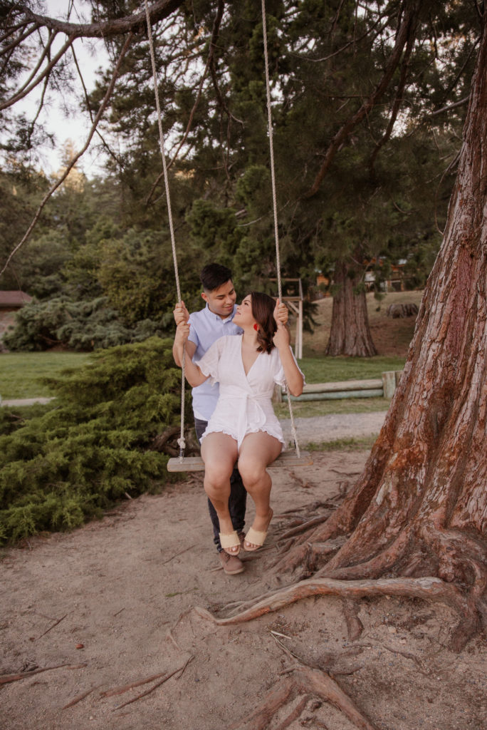 cute newly engaged young couple on swing