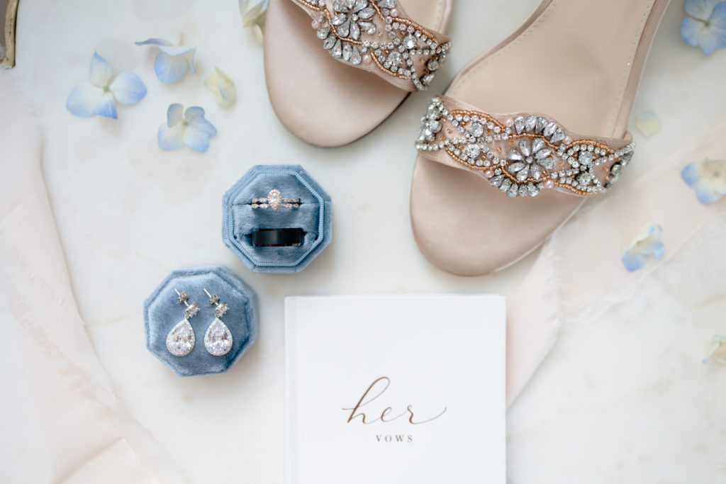 elegant lay flat with bridal blue and white details 